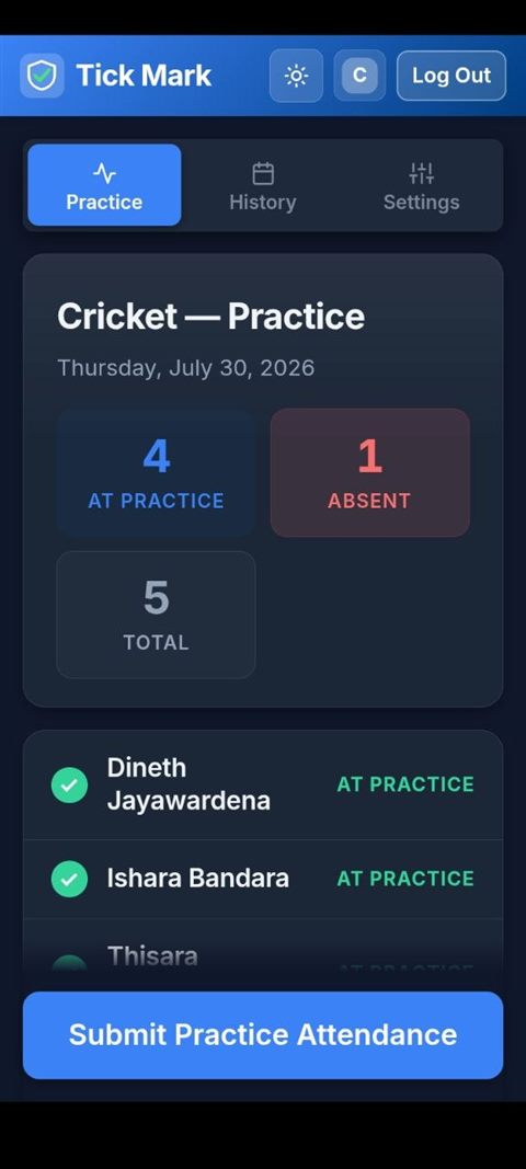 The same coach practice register shown in dark theme.