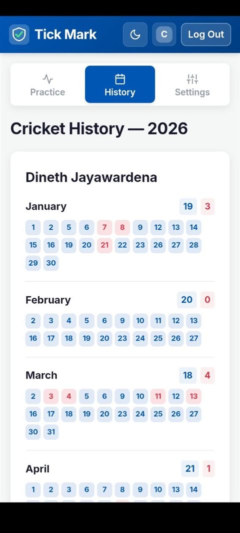 Coach history screen showing a month-by-month attendance calendar for one athlete during 2026.