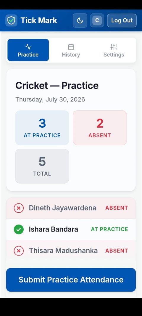 Coach practice register for cricket showing three students at practice and two absent.