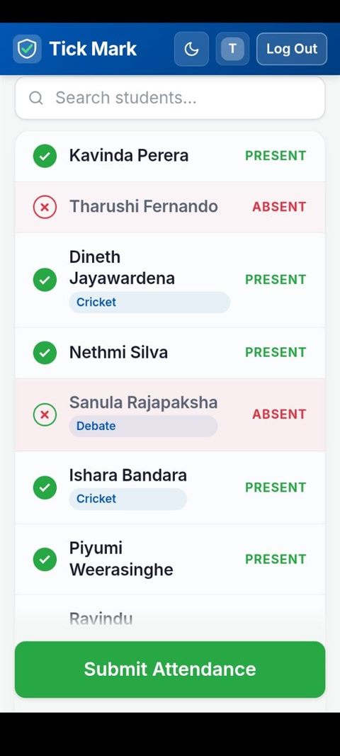 The Tick Mark teacher register on a phone. Students are listed with a green tick for present and a red ring for absent, and blue badges mark students who are at sports practice.
